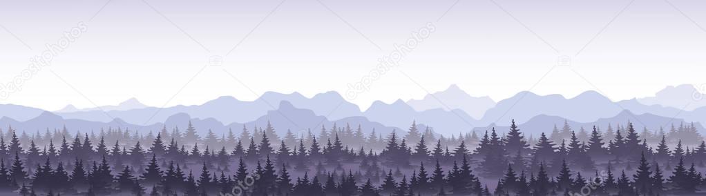 Vector illustration of beautiful panoramic view blue mountains in the fog with pine forest.