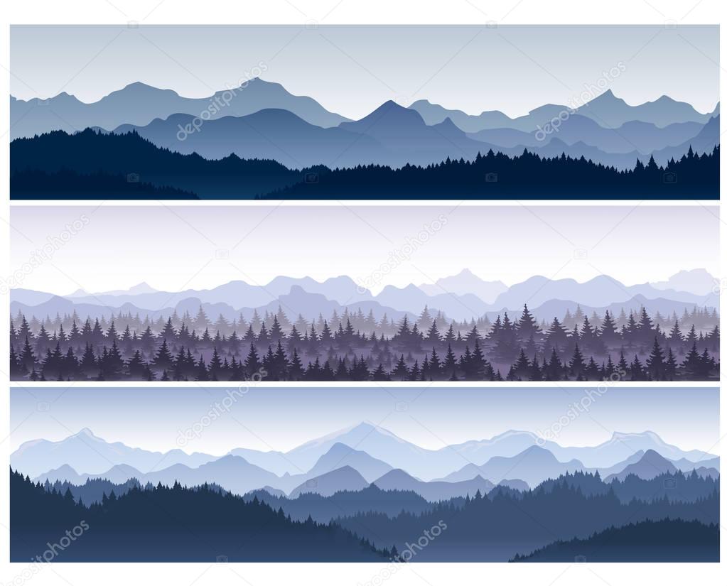 Vector illustration set of horizontal backgrounds with wild nature mountains with forest in morning fog.
