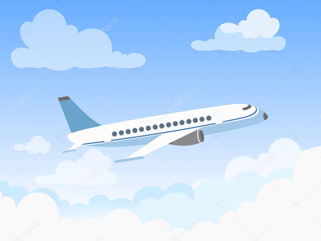 Vector illustration of plane in the sky over the clouds. Flat design style concept of airplane flying through clouds in the blue sky.