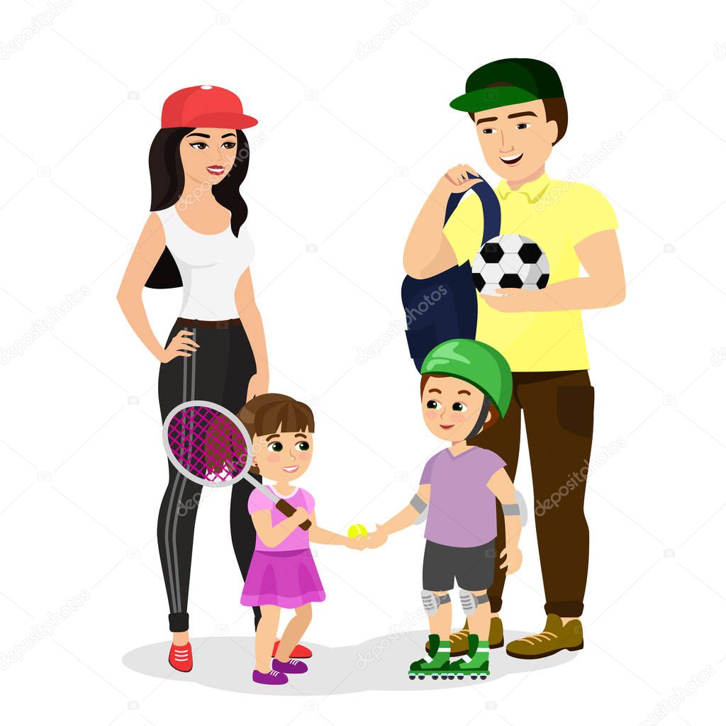 Vector illustration of sport family. Dad, mother, son and daughter in sport clothes lead a healthy lifestyle. Happy parents with children do sports in a flat style.