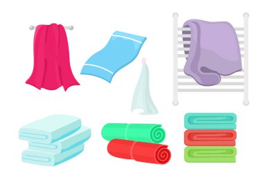 Vector illustration set of cartoon colorful towels. Collection of cloth towel for bath, hygiene. clipart