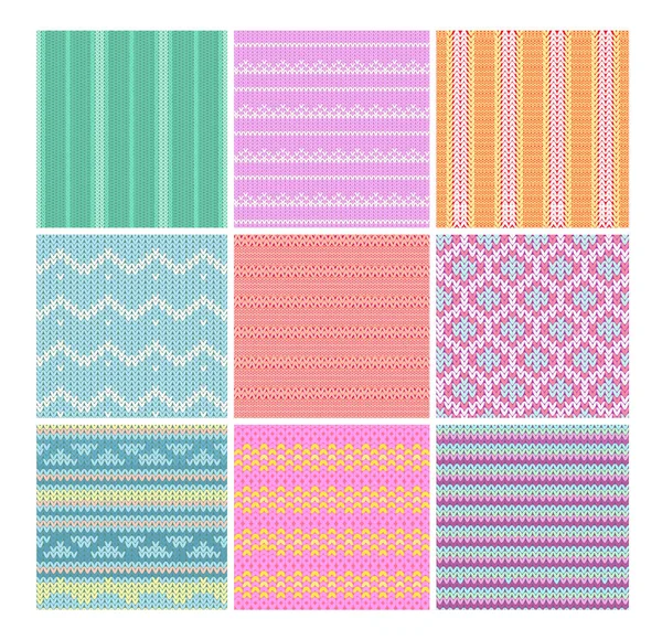 stock vector Vector illustration set of knitting fabrics seamless patterns backgrounds. Collection of nine colorful and bright different patterns of fabric.