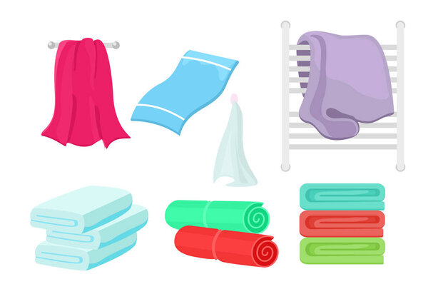 Vector illustration set of cartoon colorful towels. Collection of cloth towel for bath, hygiene.