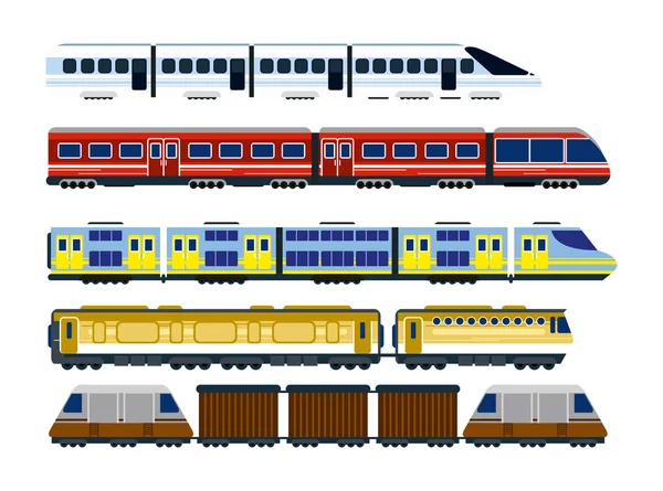 Vektorillustration der Sammlung moderner Lokomotiven, Waggons und Schnellzüge im flachen Cartoon-Stil. — Stockvektor