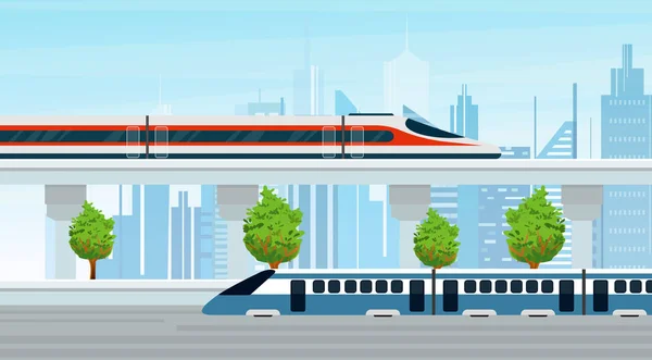 Ilustración vectorial de trenes modernos pasan por los edificios urbanos de la ciudad. Transporte público, fondo de la ciudad en estilo plano . — Archivo Imágenes Vectoriales