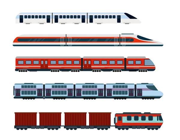 Conjunto de ilustración vectorial de trenes de pasajeros modernos. Transporte subterráneo, trenes de alta velocidad y metro. Metro de tren en estilo plano . — Vector de stock
