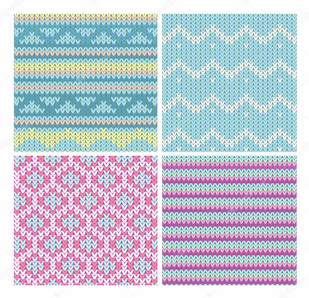 Vector illustration collection of seamless knitting fabric patterns with stylized winter ornament in blue and pink colors.