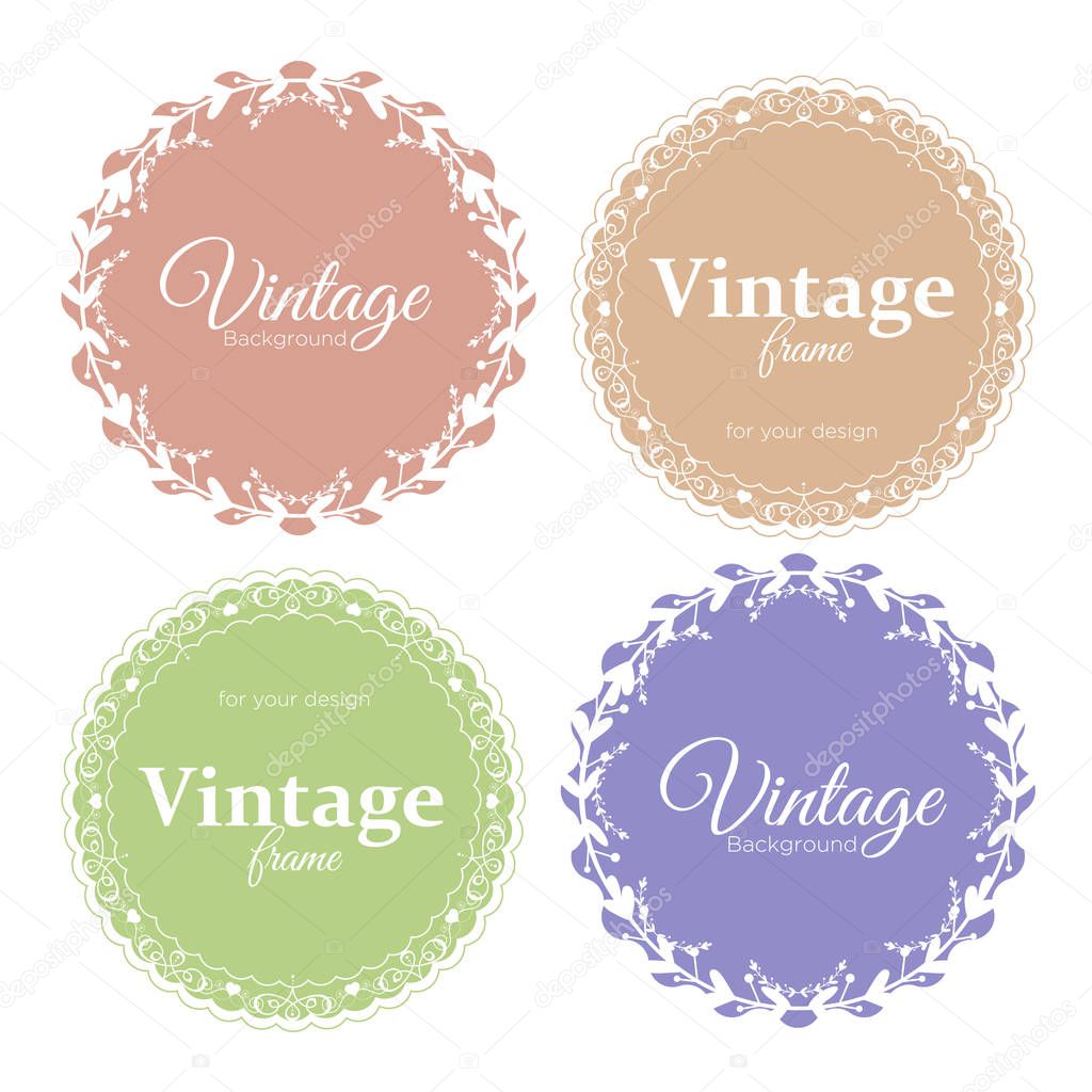Vector illustration set of round floral vintage frames in pastel colors with place for text on white background.