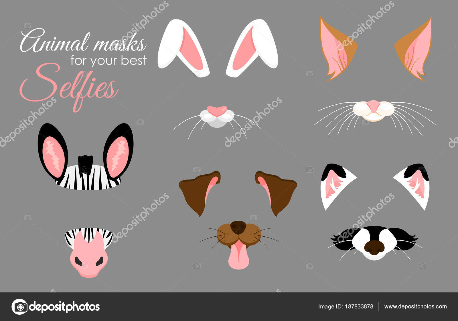 벡터 일러스트 레이 션의 귀여운 동물 귀 설정 하 고 selfies, 사진 및 비디오 효과, image size:1600x1123