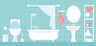 Beyaz ve mavi renkleri düz çizgi film tarzı modern banyo iç vektör çizim.