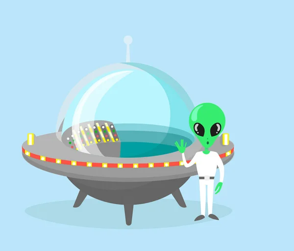 Illustration vectorielle de personnage alien mignon et agréable avec vaisseau spatial sur fond de couleur bleu clair . — Image vectorielle