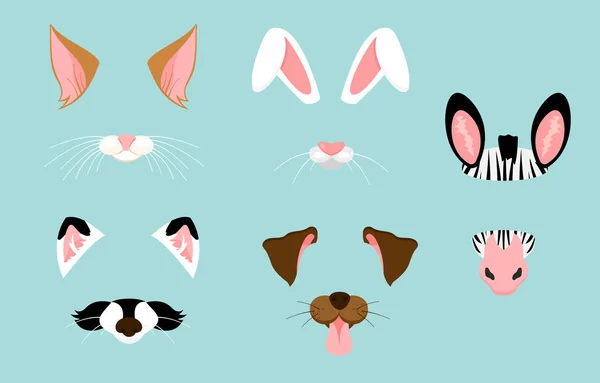 Ilustración vectorial de orejas de animales lindos y agradables y máscaras nasales para selfies, imágenes y efectos de video. Animales divertidos enfrenta filtros para teléfono móvil . — Archivo Imágenes Vectoriales