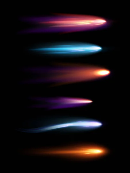Vektor illustration uppsättning vackra olika former meteorer, kometer och eldklot med belysningseffekt i svart galaxen rymden. — Stock vektor