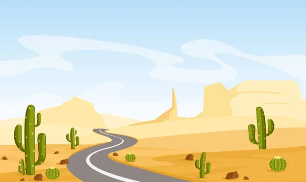 Illustration vectorielle du paysage désertique avec cactus et route asphaltée, en dessin animé de style plat . — Image vectorielle