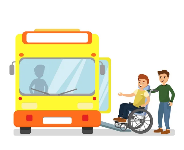 Ilustração vetorial do homem ajudando o homem com deficiência em uma cadeira de rodas com o ônibus na estação de ônibus em estilo de desenho animado plano . —  Vetores de Stock