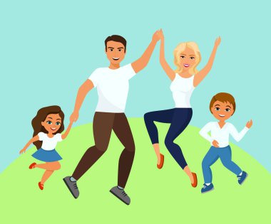 Neşeli aile atlama vektör Illustration. Mutlu ve baba anne kızı ve oğlu elele gülümseyen karikatür düz tasarımında atladı.