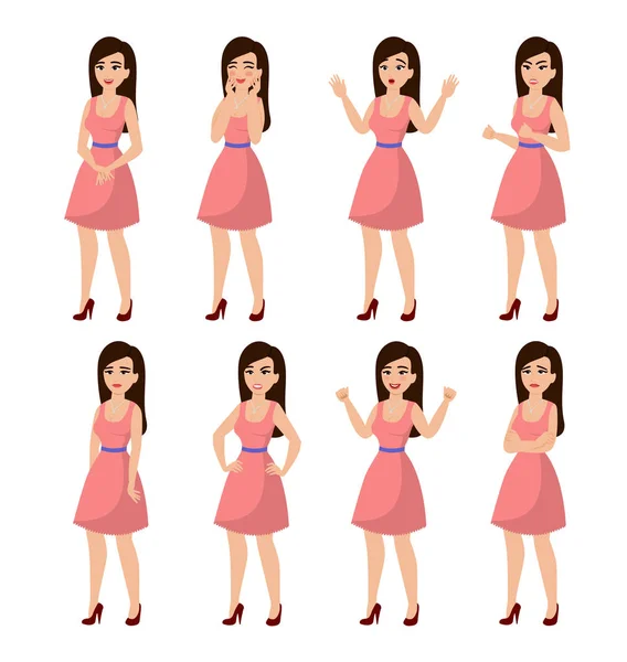 Conjunto de ilustración vectorial de chica vestida con un vestido rosa con diferentes emociones y poses sobre fondo blanco en estilo plano de dibujos animados . — Archivo Imágenes Vectoriales