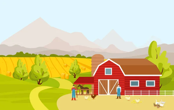 Vektorové ilustrace horské krajiny krajiny s červenou stodolu, pole, lidé a hospodářství zvířatům v kreslené plochý design. — Stockový vektor
