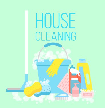 Temizlik, temizlik hizmeti kavramı ev vektör Illustration. Eldivenler, paspas, anlamına gelir bir kazıyıcı temizlik için fırça ve açık mavi renkli düz tarzı üzerinde Kepçe.