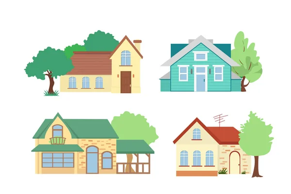 Vektor Illustration Reihe von Ferienhäusern mit Bäumen auf weißem Hintergrund in flachem Cartoon-Stil. — Stockvektor
