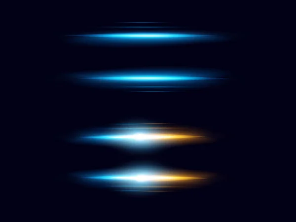 Ilustração vetorial de efeito de luz realista, flashes de luz. Coleção de elementos de erupção da lente no fundo azul escuro . — Vetor de Stock