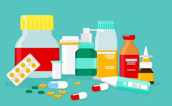 Ilustração vetorial de diferentes pílulas e garrafas médicas, farmácia, farmácia. Conceito de cuidados de saúde em estilo plano . — Vetor de Stock