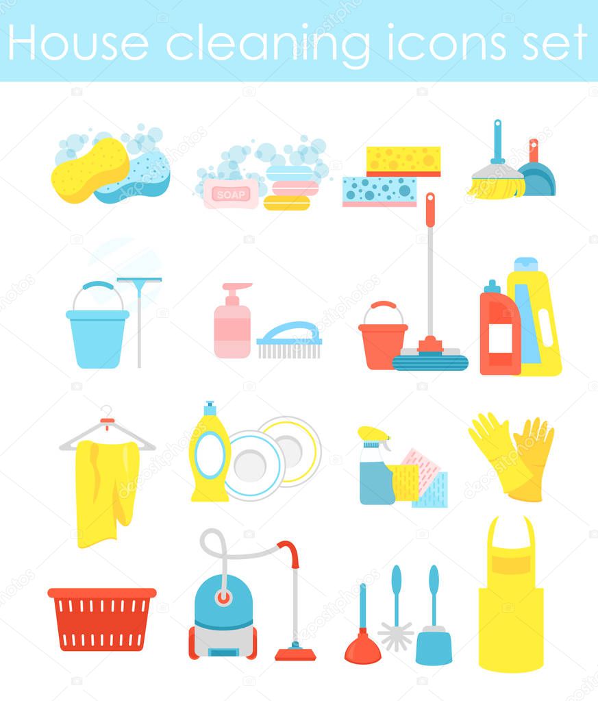Vector illustration of house cleaning icons set, colorful and bright collection of elements for cleaning as a scraper, brush and bucket on white background in flat style.