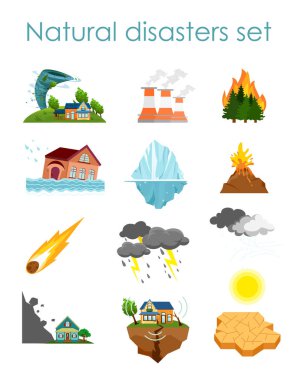 Doğal afetler beyaz arka plan üzerinde koleksiyon öğeleri fırtına, yangın ve kasırga izole renkli simgeler kümesi illüstrasyon vektör.