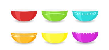 Vektör illüstrasyon izole beyaz arka plan üzerinde renkli boş kaseler kümesi. Dishware kase koleksiyonu renkli porselen seramik plakalar.