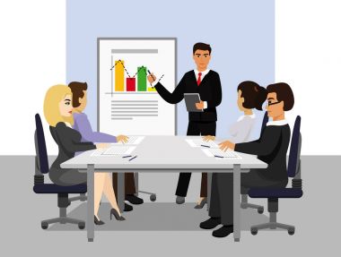 Sunu vektör Illustration. Takım çalışması, sunum toplantı sırasında office düz çizgi film tarzı önde gelen Yöneticisi işadamı.