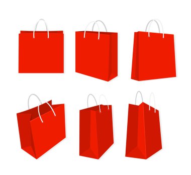 Vektör çizim set kırmızı alışveriş torbaları, kağıt veya plastik kulplu beyaz arka plan üzerinde izole.