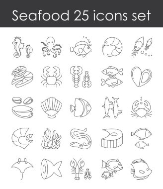 Balık ve deniz ürünleri anahat simgesini, zarif ince çizgi öğeleri balık ürünler beyaz arka plan üzerinde koleksiyon kümesi illüstrasyon vektör.