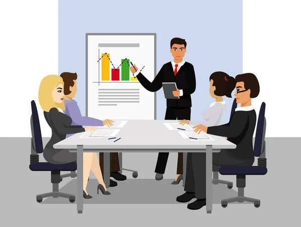 Vectorillustratie van presentatie. Teamwork, manager zakenman leidt de presentatie tijdens de vergadering in kantoor in platte cartoon stijl. — Stockvector