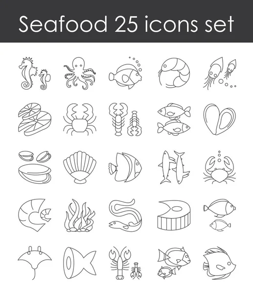 Balık ve deniz ürünleri anahat simgesini, zarif ince çizgi öğeleri balık ürünler beyaz arka plan üzerinde koleksiyon kümesi illüstrasyon vektör.