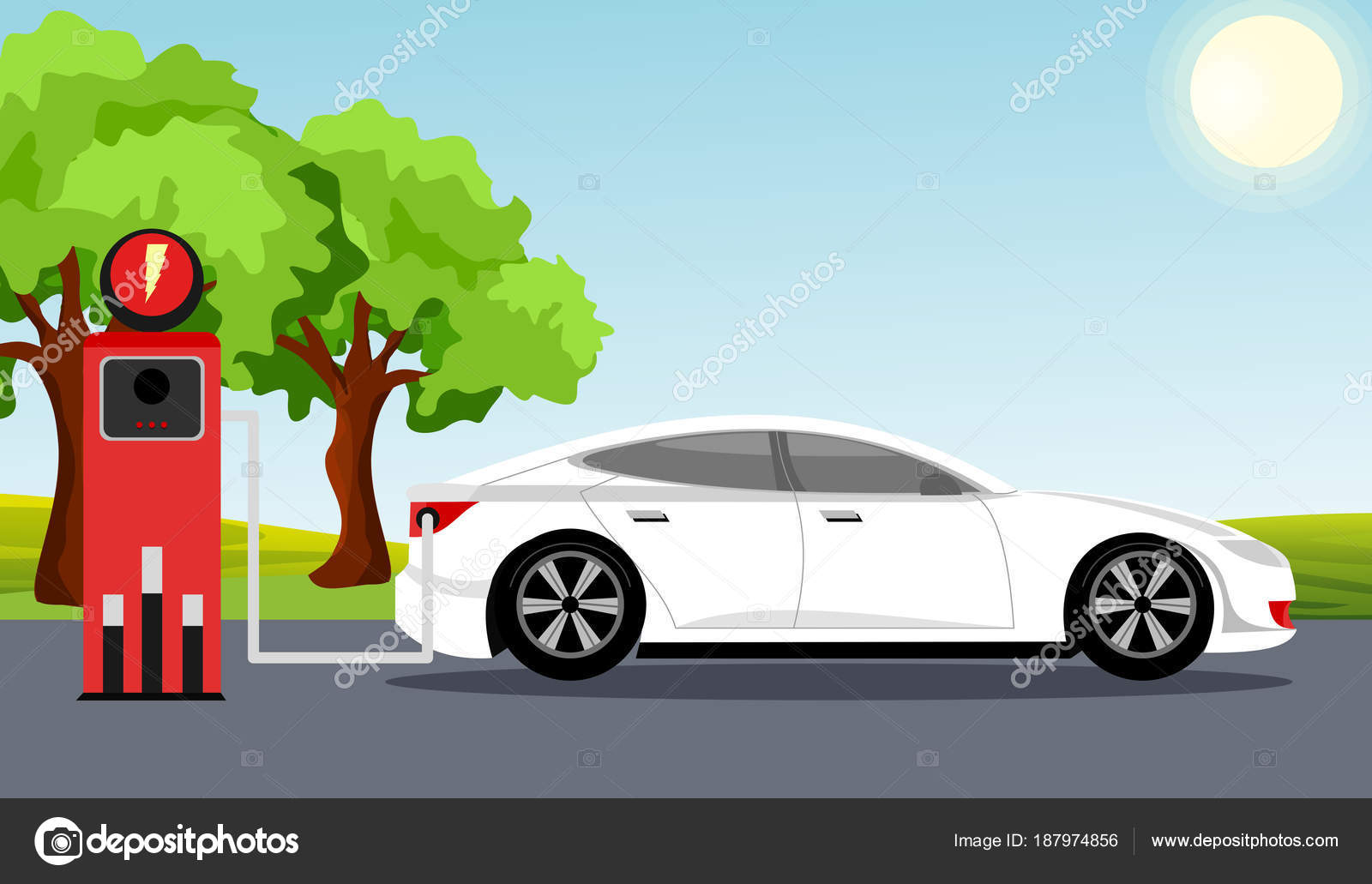 Electric car flat infographic concept. White color electric car on charging station, green tree, sun, blue sky illustration in flat cartoon style. Stock Vector Image by ©Nataliia2910@ #187974856 Electric car flat infographic concept. White color electric car on charging station, green tree, sun, blue sky illustration in flat cartoon style. Stock Vector Image by ©Nataliia2910@ #187974856