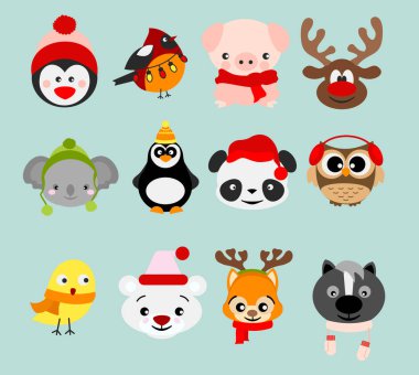 Vektör çizim Noel kostümleri ve öğeleri kış şirin hayvanların ayarlayın. Çizgi film düz stil içinde kış ve yılbaşı hayvanlarda mutlu.