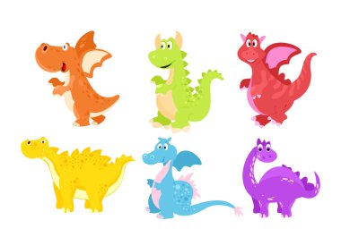 Vektör çizim karikatür düz stil renkli komik dinozorlar ayarla.