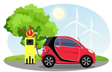 Yel değirmenleri, yeşil ağaç, güneş, mavi gökyüzü arka plan ile şarj istasyonu üzerinde elektrikli araba kırmızı renk vektör Illustration. Vektör elektrikli otomobil Infographic kavramı.