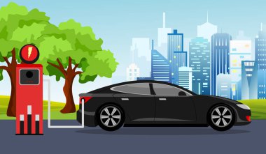 Vektör Illustration siyah elektrikli otomobil ve şarj istasyonu yeşil ağaç, güneş, mavi gökyüzü arka plan. Vektör elektrikli otomobil Infographic kavramı.