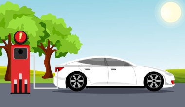 Elektrikli otomobil düz Infographic kavramı. Beyaz renk elektrikli araç şarj istasyonu, yeşil ağaç, güneş, mavi gökyüzü arka plan üzerinde. Vektör çizim düz çizgi film tarzı.