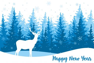 Vektör çizim Noel ağaçları arka planda düz stil üzerinde beyaz geyik tebrik kartı için. Mutlu yeni yıl metin.