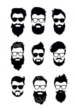 Vektör çizim vektör sakallı erkekler yüzler, hipsters farklı saç kesimi, bıyık, sakal ile kümesi. Siluetleri erkek saç kesimi düz stil.