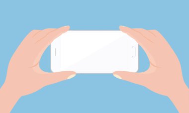 Vektör çizim hareket eden telefon içinde düz tarzında beyaz arka plan üzerinde eller.