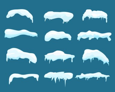 Kar kümesi illüstrasyon vektör ve vektör çerçeveler buz. Kış kar kapaklar, snowdrifts ve buz sarkıtları karikatür tarzı düz.