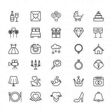 Set - beyaz arka planda düğün vektör çizim anahat web simgesi. Düğün hattı simgeler.