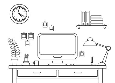 Vektör çizim ile bir bilgisayar masası. İşyeri ofis veya evde çizgi stili beyaz arka plan üzerinde.