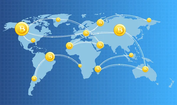 Vektor-Illustration des Finanztechnologie-Konzeptbildes mit Bitcoin auf dem Hintergrund der Weltkarte in hellen Farben. Digitalwährungen, Kryptowährung, Digitalgeld und Bitcoin-Konzept. — Stockvektor