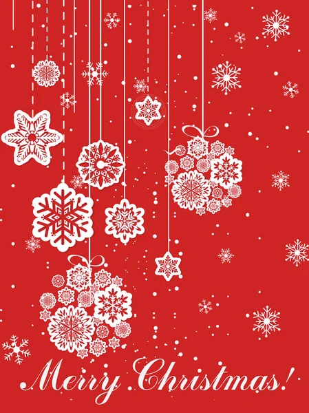 Vector illustration of Christmas greeting card in flat design with snowflakes on red background and space for text in cartoon style. — Stock Vector