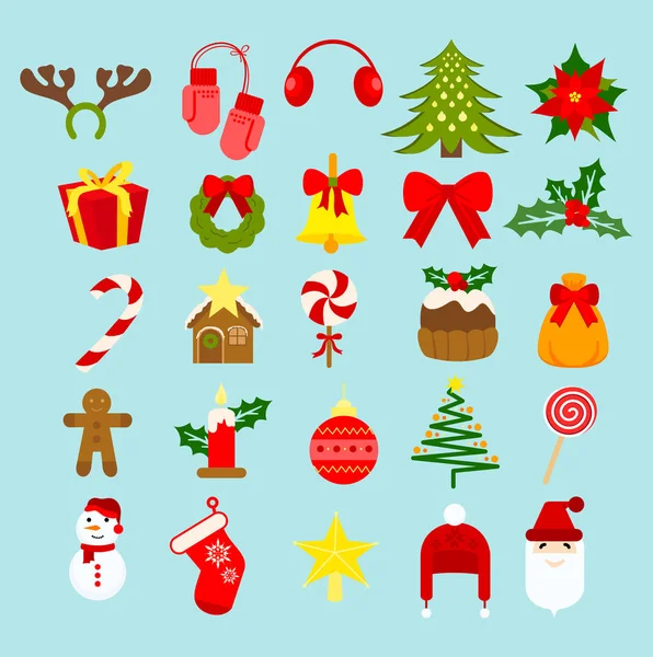 Illustrazione vettoriale Natale nuovo anno vacanze decorazione icone ed elementi set isolato su sfondo azzurro in stile piatto . — Vettoriale Stock