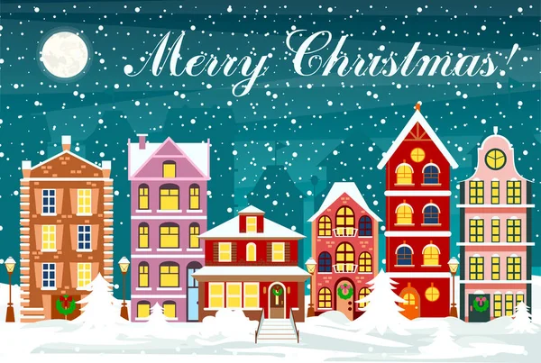 Vektör çizimde düz stil cityscape renkli evleri ile kar ile gökyüzü ve ay ile gece zamanında. Noel şehirde. — Stok Vektör